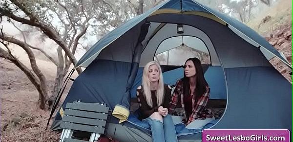  Sexy teen lesbian babes Aiden Ashley, Abigail Mac prepare for a good fuck in their tent while camping